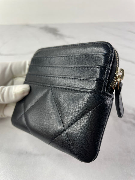 CHANEL Black Lambskin Quilted 19 Zip Card Holder Wallet