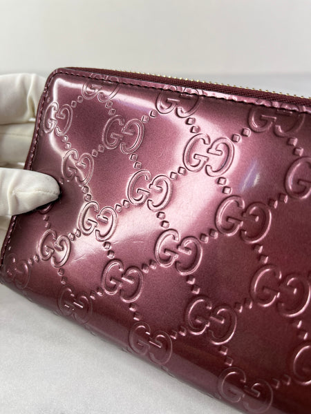 GUCCI Guccissima Metallic Burgundy Patent Zip Around Long Wallet