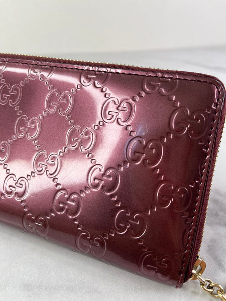 GUCCI Guccissima Metallic Burgundy Patent Zip Around Long Wallet