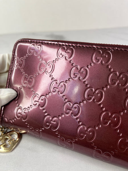GUCCI Guccissima Metallic Burgundy Patent Zip Around Long Wallet