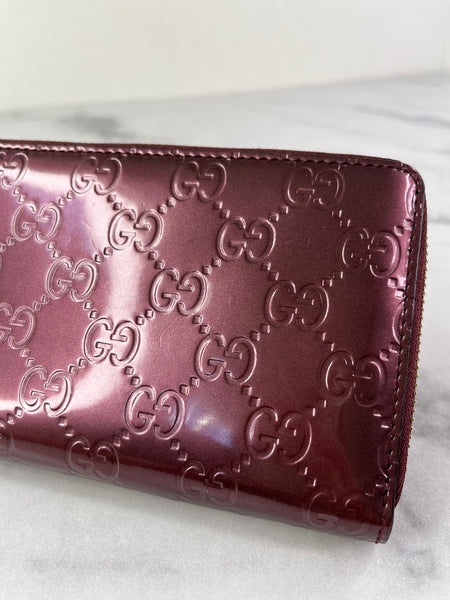 GUCCI Guccissima Metallic Burgundy Patent Zip Around Long Wallet