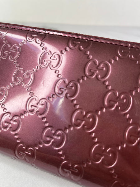 GUCCI Guccissima Metallic Burgundy Patent Zip Around Long Wallet