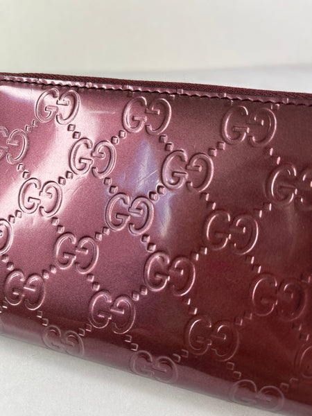 GUCCI Guccissima Metallic Burgundy Patent Zip Around Long Wallet