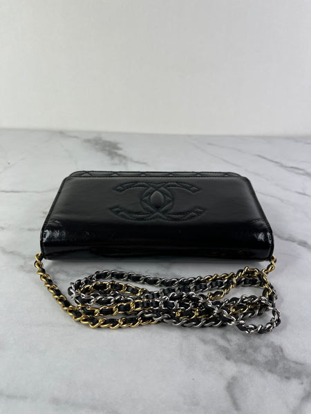 CHANEL Black CC Quilted Shiny Aged Calfskin Wallet On Chain crossbody/shoulder bag