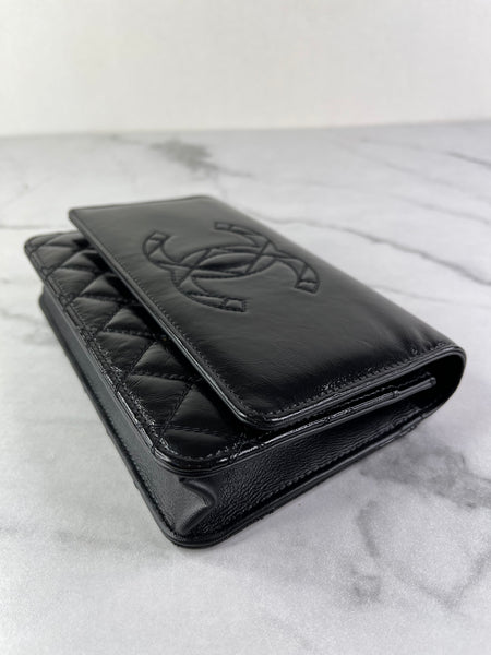 CHANEL Black CC Quilted Shiny Aged Calfskin Wallet On Chain crossbody/shoulder bag