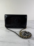 CHANEL Black CC Quilted Shiny Aged Calfskin Wallet On Chain crossbody/shoulder bag