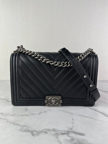 CHANEL Black Chevron Caviar Large Boy Crossbody/Shoulder Bag