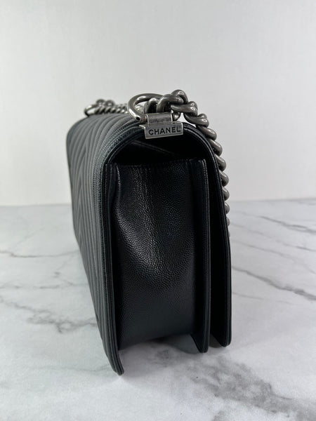 CHANEL Black Chevron Caviar Large Boy Crossbody/Shoulder Bag