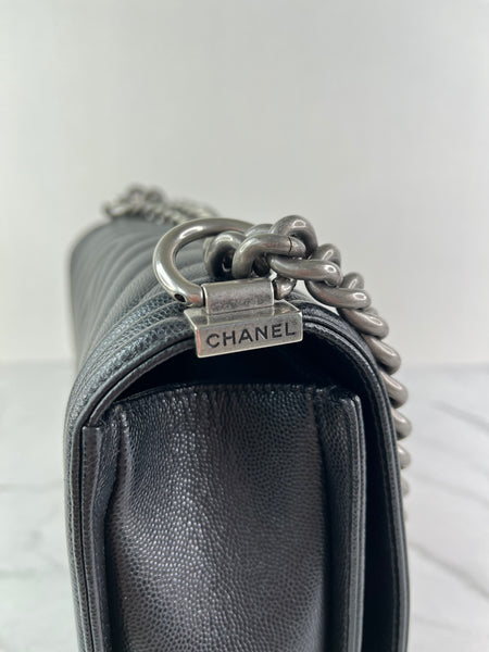 CHANEL Black Chevron Caviar Large Boy Crossbody/Shoulder Bag