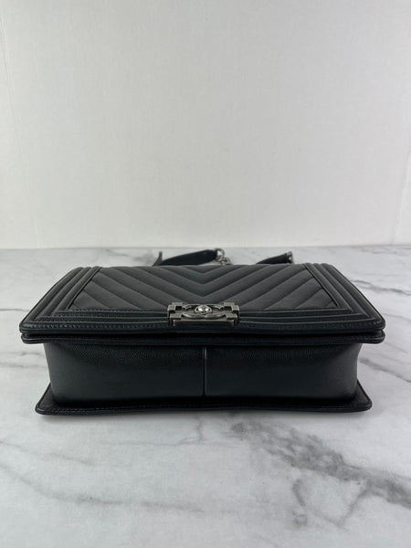 CHANEL Black Chevron Caviar Large Boy Crossbody/Shoulder Bag