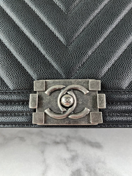 CHANEL Black Chevron Caviar Large Boy Crossbody/Shoulder Bag