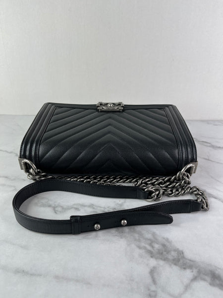 CHANEL Black Chevron Caviar Large Boy Crossbody/Shoulder Bag