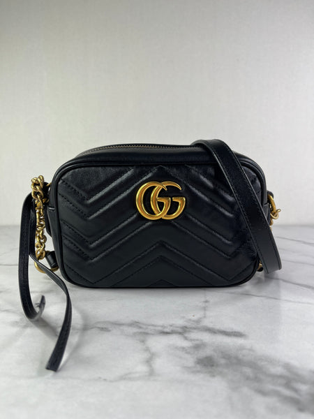 GUCCI Black Calfskin Matelasse Mini GG Marmont Chain Shoulder/Crossbody Bag