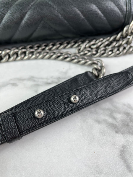 CHANEL Black Chevron Caviar Large Boy Crossbody/Shoulder Bag