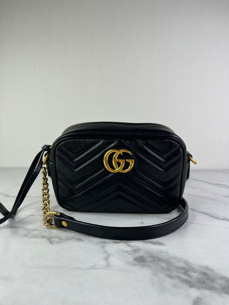 GUCCI Black Calfskin Matelasse Mini GG Marmont Chain Shoulder/Crossbody Bag