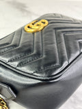 GUCCI Black Calfskin Matelasse Mini GG Marmont Chain Shoulder/Crossbody Bag