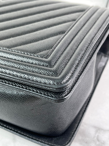 CHANEL Black Chevron Caviar Large Boy Crossbody/Shoulder Bag