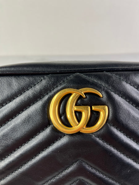 GUCCI Black Calfskin Matelasse Mini GG Marmont Chain Shoulder/Crossbody Bag