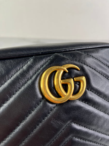 GUCCI Black Calfskin Matelasse Mini GG Marmont Chain Shoulder/Crossbody Bag