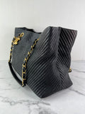 CHANEL Black Wrinkled Lambskin Chevron Quilted Surpique Tote Shoulder Bag