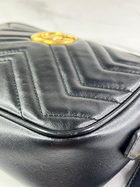GUCCI Black Calfskin Matelasse Mini GG Marmont Chain Shoulder/Crossbody Bag