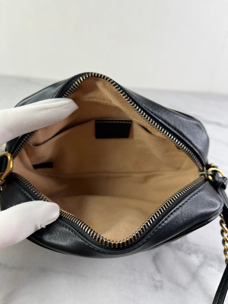 GUCCI Black Calfskin Matelasse Mini GG Marmont Chain Shoulder/Crossbody Bag