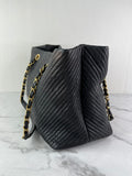 CHANEL Black Wrinkled Lambskin Chevron Quilted Surpique Tote Shoulder Bag