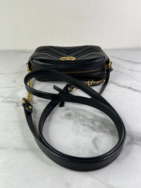 GUCCI Black Calfskin Matelasse Mini GG Marmont Chain Shoulder/Crossbody Bag