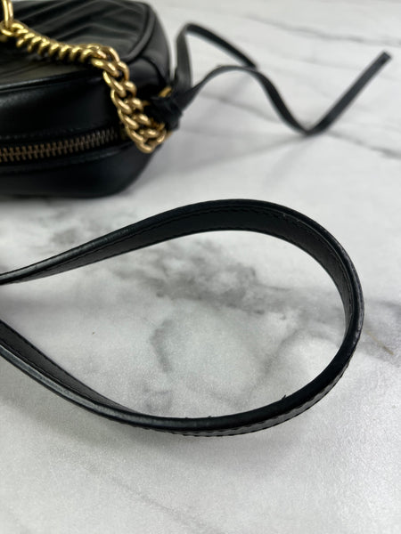 GUCCI Black Calfskin Matelasse Mini GG Marmont Chain Shoulder/Crossbody Bag