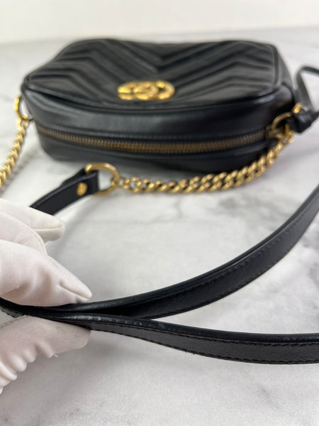 GUCCI Black Calfskin Matelasse Mini GG Marmont Chain Shoulder/Crossbody Bag