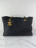 CHANEL Black Wrinkled Lambskin Chevron Quilted Surpique Tote Shoulder Bag