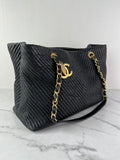 CHANEL Black Wrinkled Lambskin Chevron Quilted Surpique Tote Shoulder Bag