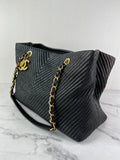 CHANEL Black Wrinkled Lambskin Chevron Quilted Surpique Tote Shoulder Bag