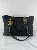 CHANEL Black Wrinkled Lambskin Chevron Quilted Surpique Tote Shoulder Bag