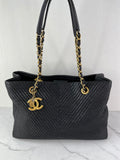 CHANEL Black Wrinkled Lambskin Chevron Quilted Surpique Tote Shoulder Bag