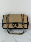 CHANEL Beige/Black Calfskin Quilted Medium Graphic Flap Shoulder/Crossbody Bag