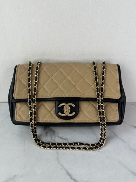 CHANEL Beige/Black Calfskin Quilted Medium Graphic Flap Shoulder/Crossbody Bag