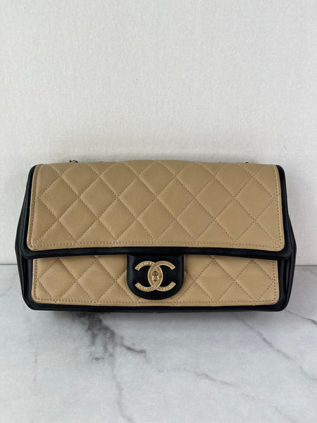CHANEL Beige/Black Calfskin Quilted Medium Graphic Flap Shoulder/Crossbody Bag