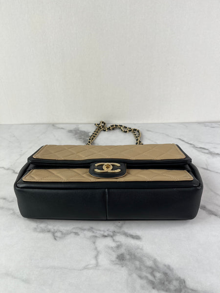 CHANEL Beige/Black Calfskin Quilted Medium Graphic Flap Shoulder/Crossbody Bag