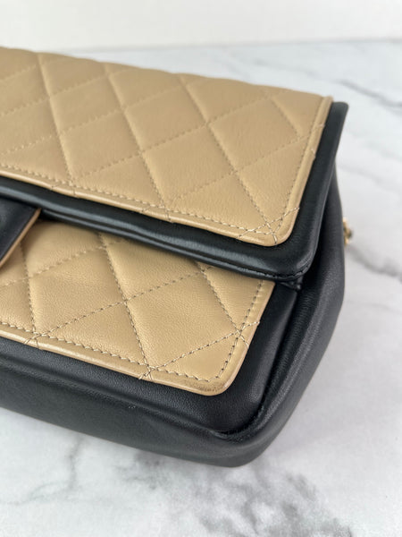 CHANEL Beige/Black Calfskin Quilted Medium Graphic Flap Shoulder/Crossbody Bag