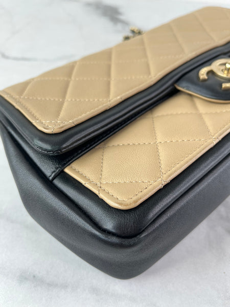 CHANEL Beige/Black Calfskin Quilted Medium Graphic Flap Shoulder/Crossbody Bag