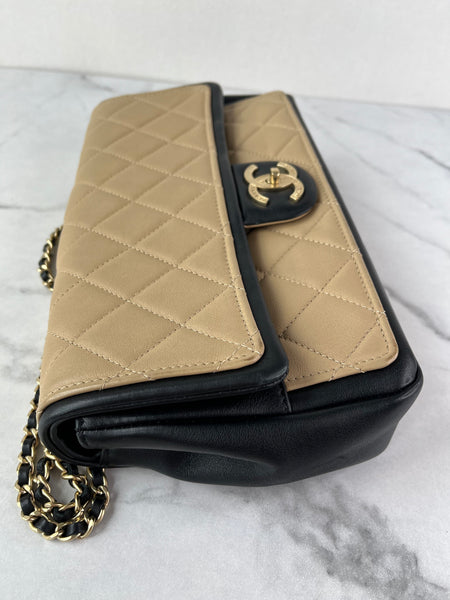 CHANEL Beige/Black Calfskin Quilted Medium Graphic Flap Shoulder/Crossbody Bag