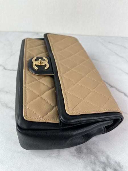 CHANEL Beige/Black Calfskin Quilted Medium Graphic Flap Shoulder/Crossbody Bag