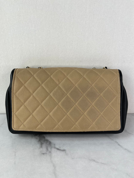 CHANEL Beige/Black Calfskin Quilted Medium Graphic Flap Shoulder/Crossbody Bag