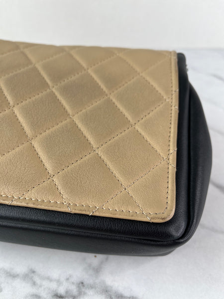 CHANEL Beige/Black Calfskin Quilted Medium Graphic Flap Shoulder/Crossbody Bag