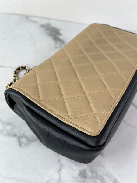 CHANEL Beige/Black Calfskin Quilted Medium Graphic Flap Shoulder/Crossbody Bag