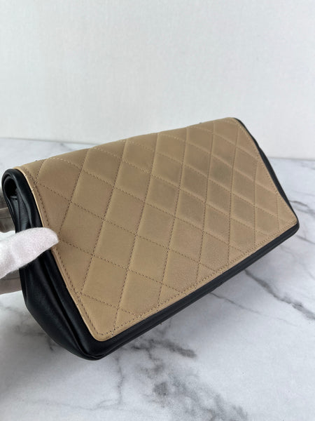 CHANEL Beige/Black Calfskin Quilted Medium Graphic Flap Shoulder/Crossbody Bag