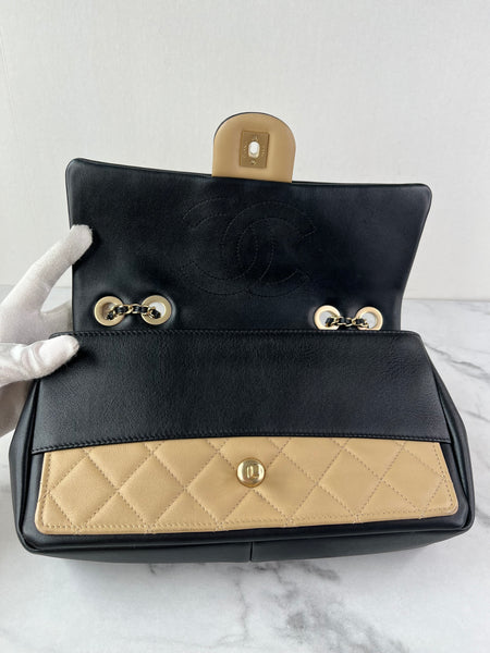 CHANEL Beige/Black Calfskin Quilted Medium Graphic Flap Shoulder/Crossbody Bag