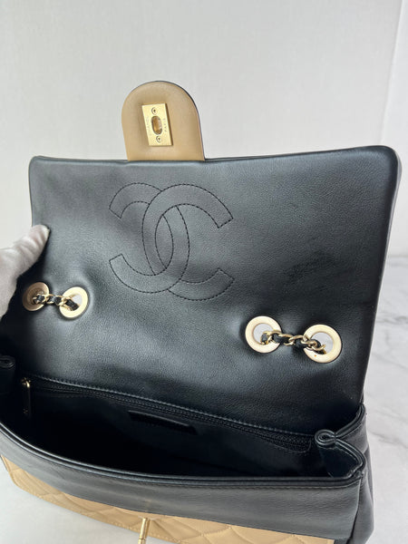 CHANEL Beige/Black Calfskin Quilted Medium Graphic Flap Shoulder/Crossbody Bag