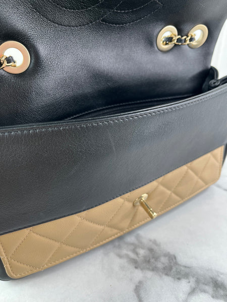 CHANEL Beige/Black Calfskin Quilted Medium Graphic Flap Shoulder/Crossbody Bag